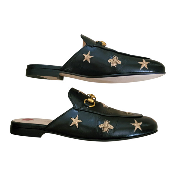 Gucci Bee Star Black Leather Horsebit Princetown Loafers Slides Flats Mules 7 37 - Picture 5 of 11